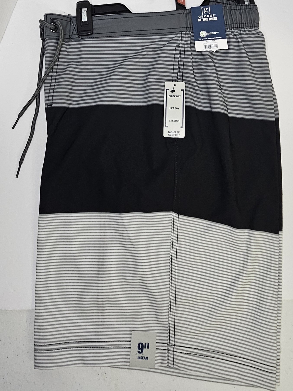 George Mens eBoard Swim Trunks Gray Striped 9 Inch Inseam Size Med 32-34 NEW